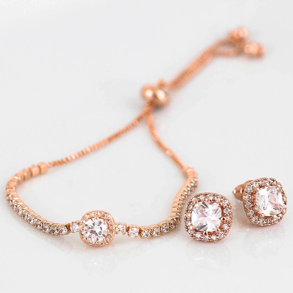 Elegant Zircon Rose Gold Adjustable Bracelet and Earring Jewelry Set